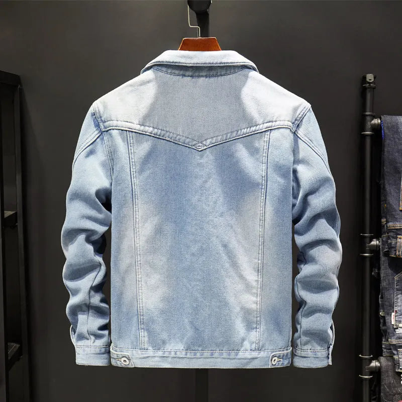 Men's casual denim jacket in dark blue with Korean gown style, long sleeves, and button front