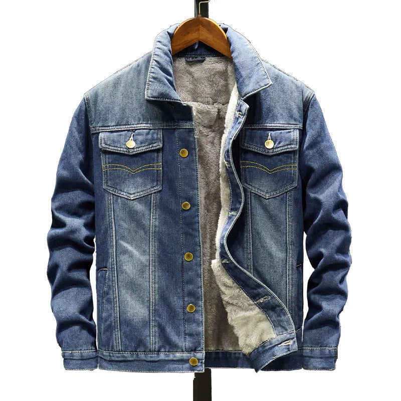Men's casual denim jacket in dark blue with Korean gown style, long sleeves, and button front