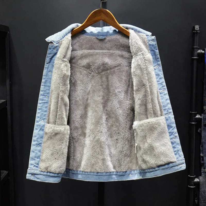 Men's casual denim jacket in dark blue with Korean gown style, long sleeves, and button front