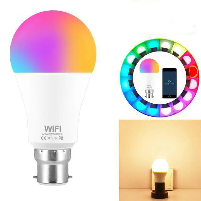 15W smart LED bulb with RGB and white light, compatible with E27 and B22 fittings for Alexa and Google Home control.