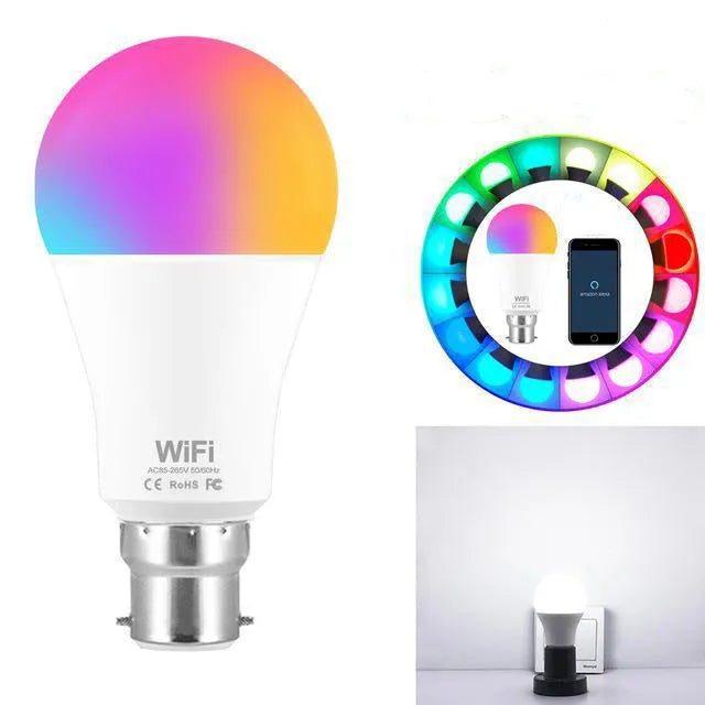 15W smart LED bulb with RGB and white light, compatible with E27 and B22 fittings for Alexa and Google Home control.
