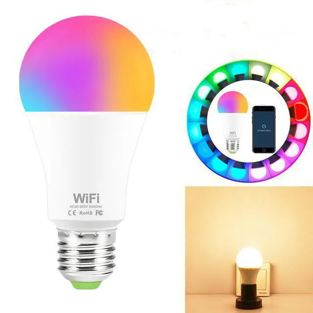 15W smart LED bulb with RGB and white light, compatible with E27 and B22 fittings for Alexa and Google Home control.