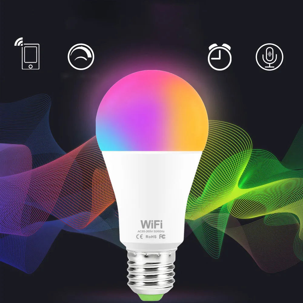 15W smart LED bulb with RGB and white light, compatible with E27 and B22 fittings for Alexa and Google Home control.