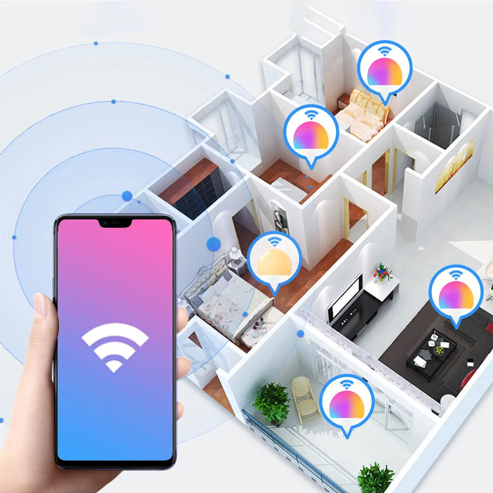15W smart LED bulb with RGB and white light, compatible with E27 and B22 fittings for Alexa and Google Home control.