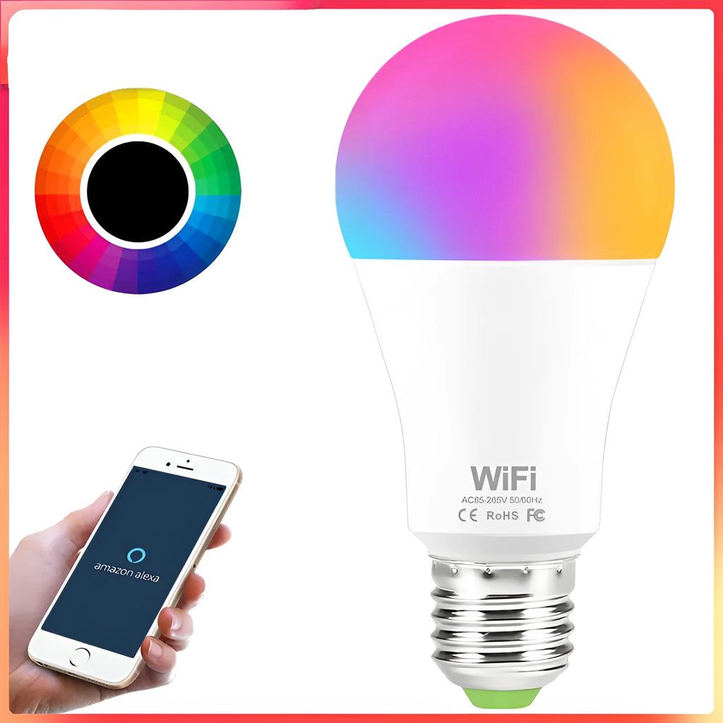 15W smart LED bulb with RGB and white light, compatible with E27 and B22 fittings for Alexa and Google Home control.