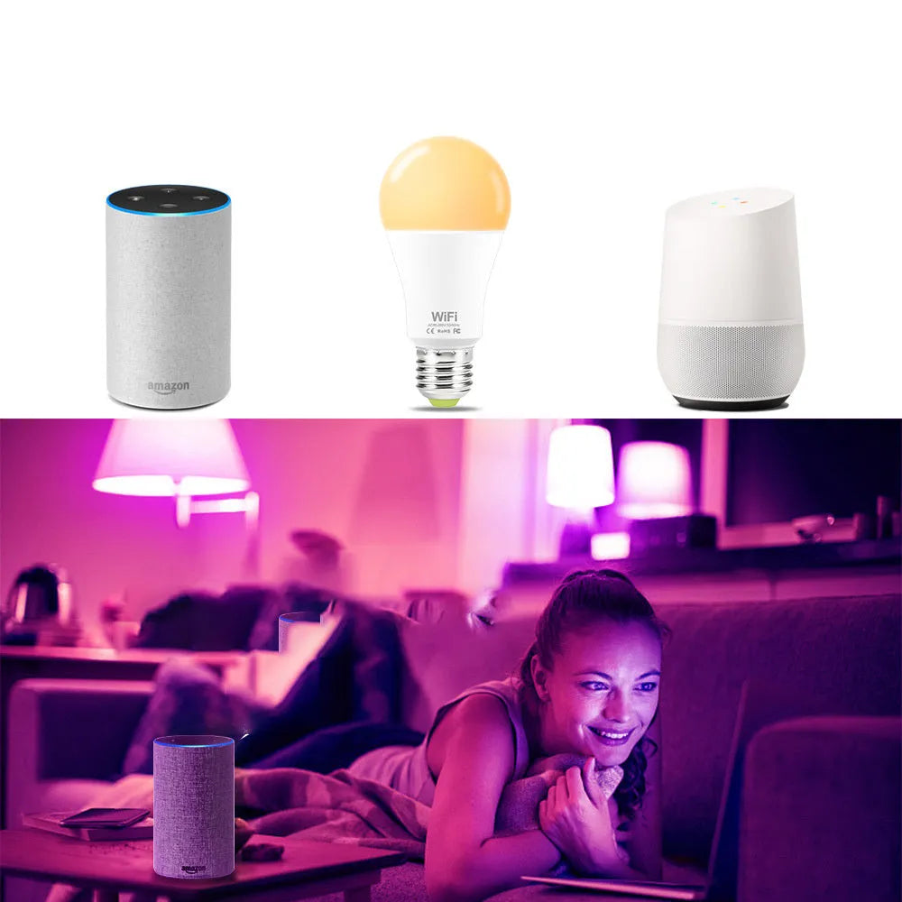 15W smart LED bulb with RGB and white light, compatible with E27 and B22 fittings for Alexa and Google Home control.