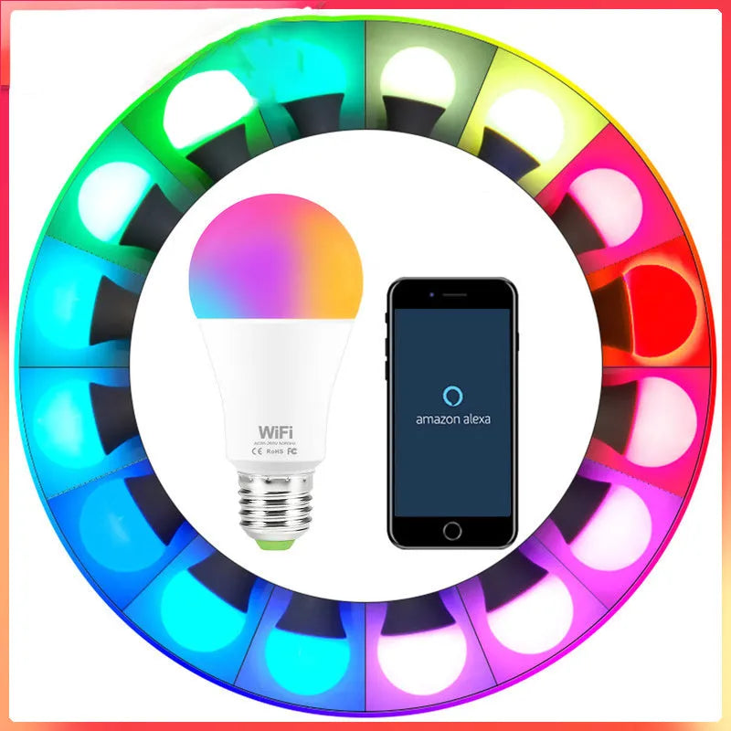 15W smart LED bulb with RGB and white light, compatible with E27 and B22 fittings for Alexa and Google Home control.