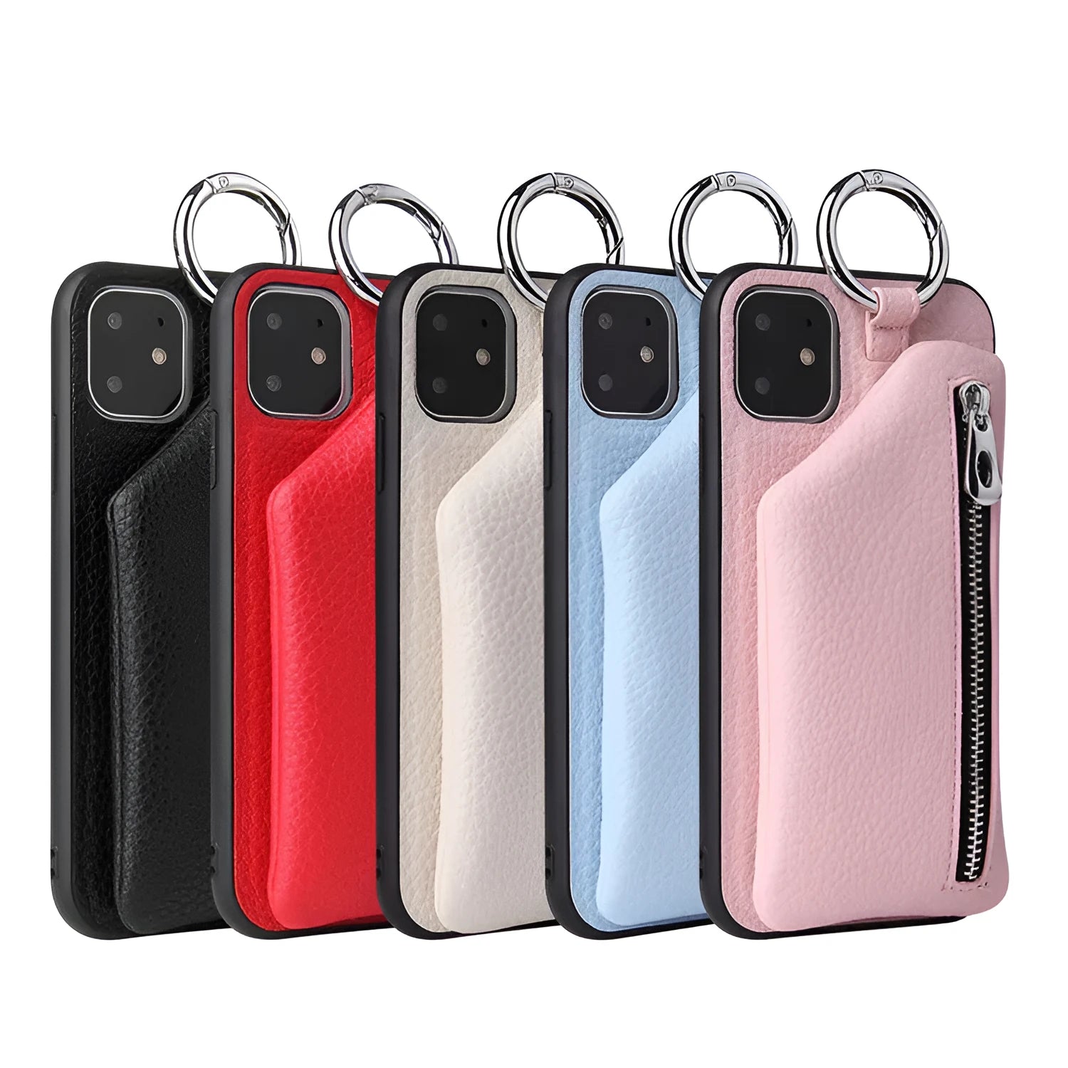 Imitation leather phone case with neck lanyard and built-in wallet compartment on a table.