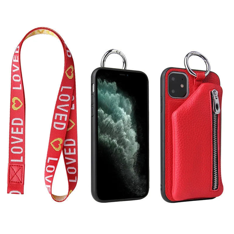 Imitation leather phone case with neck lanyard and built-in wallet compartment on a table.