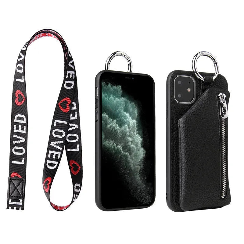 Imitation leather phone case with neck lanyard and built-in wallet compartment on a table.