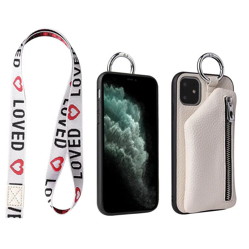 Imitation leather phone case with neck lanyard and built-in wallet compartment on a table.