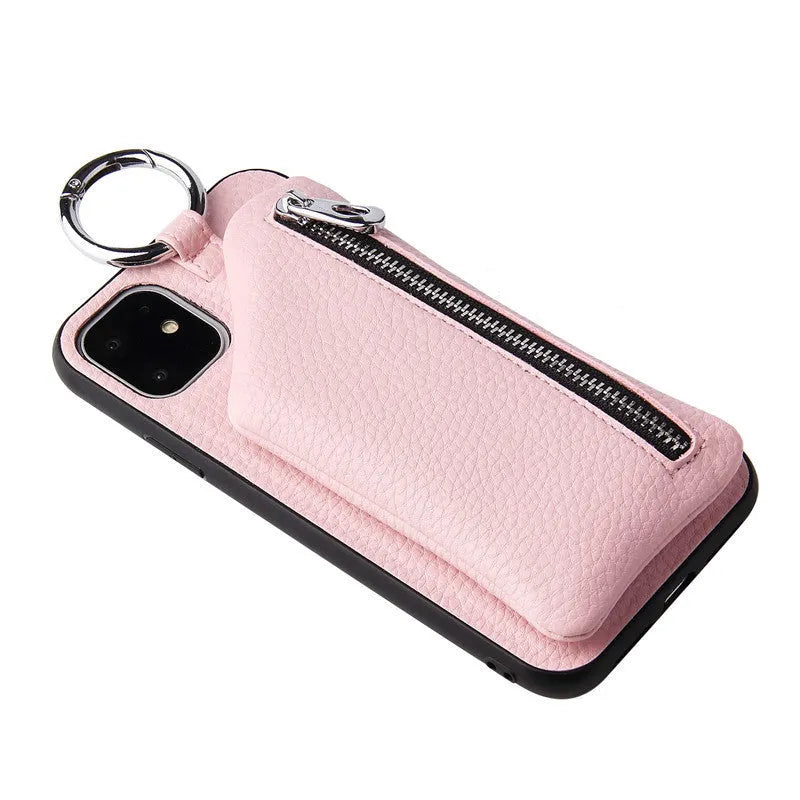 Imitation leather phone case with neck lanyard and built-in wallet compartment on a table.