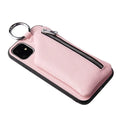 Imitation leather phone case with neck lanyard and built-in wallet compartment on a table.