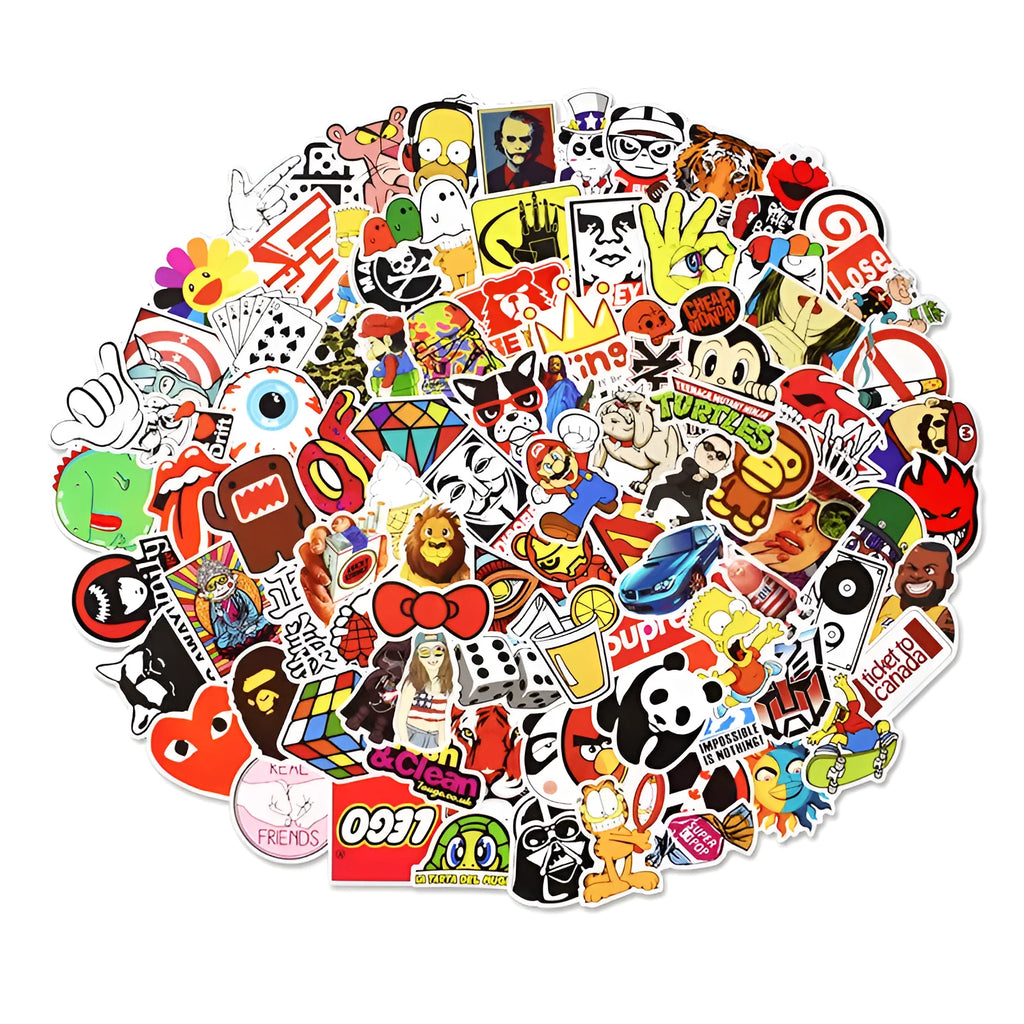 Assortment of 100 mixed graffiti and cartoon car stickers on a 10cm by 12cm card.