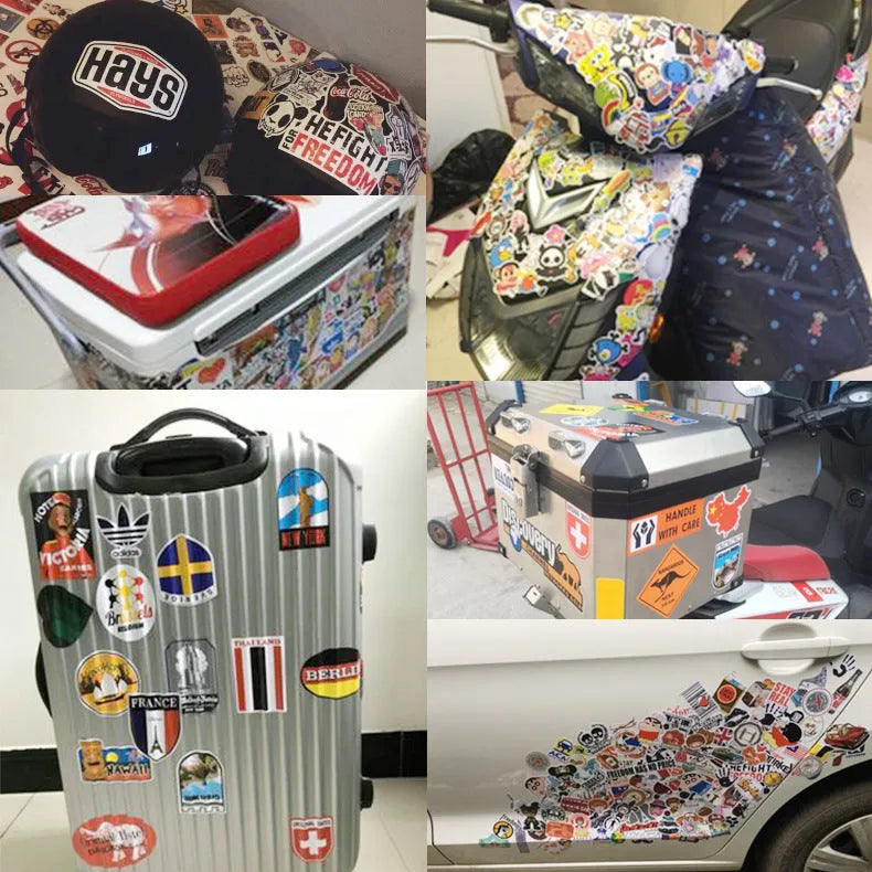 Assortment of 100 mixed graffiti and cartoon car stickers on a 10cm by 12cm card.
