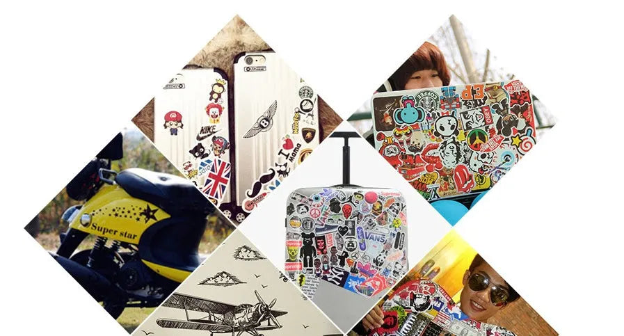 Assortment of 100 mixed graffiti and cartoon car stickers on a 10cm by 12cm card.