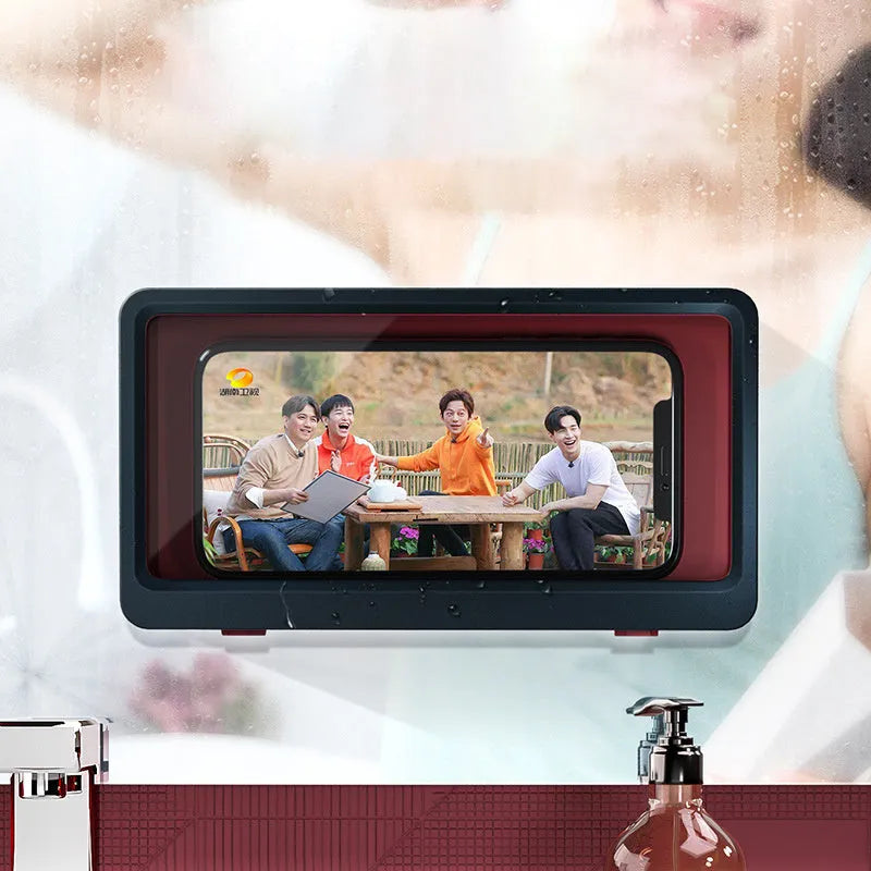 White waterproof bathroom phone holder mounted on wall with smartphone inside