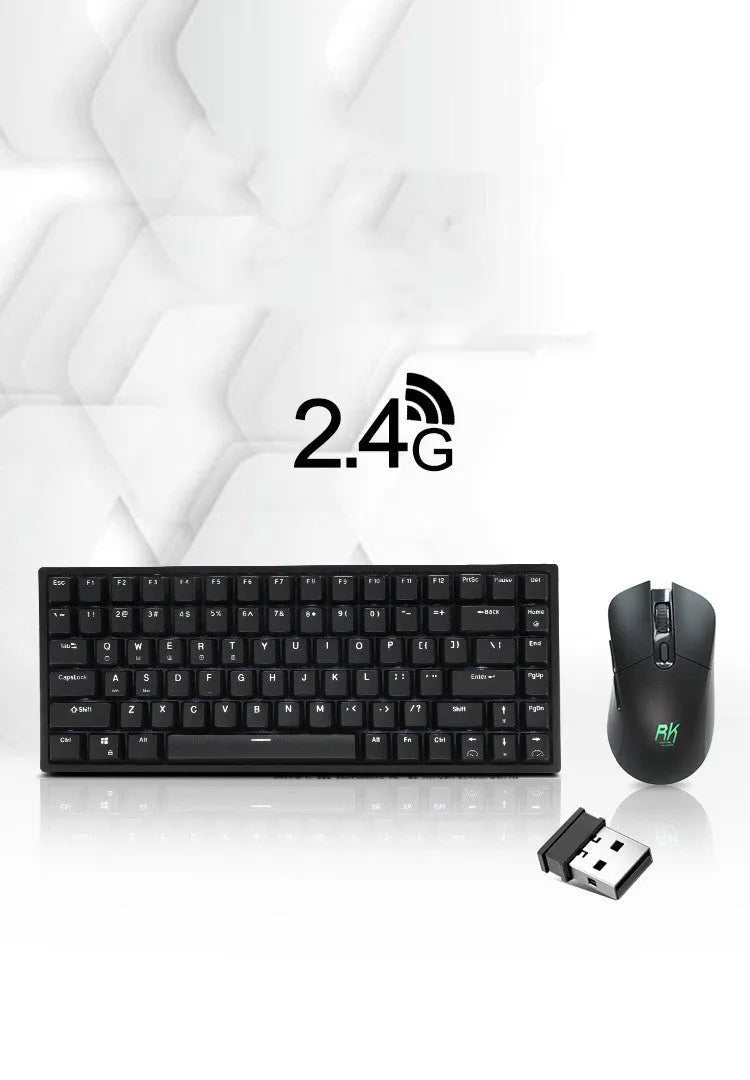 RK526 wireless mechanical keyboard and mouse set in red, blue, or brown colour with USB transmitter