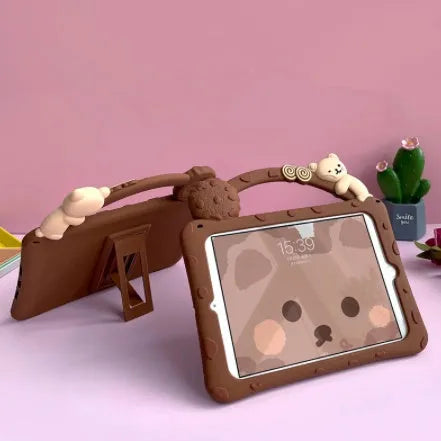 Brown cartoon silicone sleeve case with a carry bracket for an iPad tablet.
