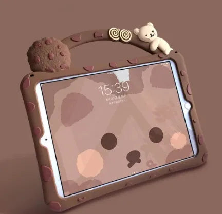 Brown cartoon silicone sleeve case with a carry bracket for an iPad tablet.