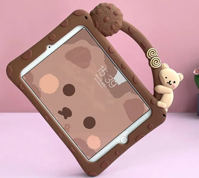 Brown cartoon silicone sleeve case with a carry bracket for an iPad tablet.