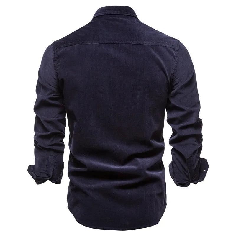 Men's long sleeve linen button-up shirt shown in Denim Blue, available in multiple colours and sizes.