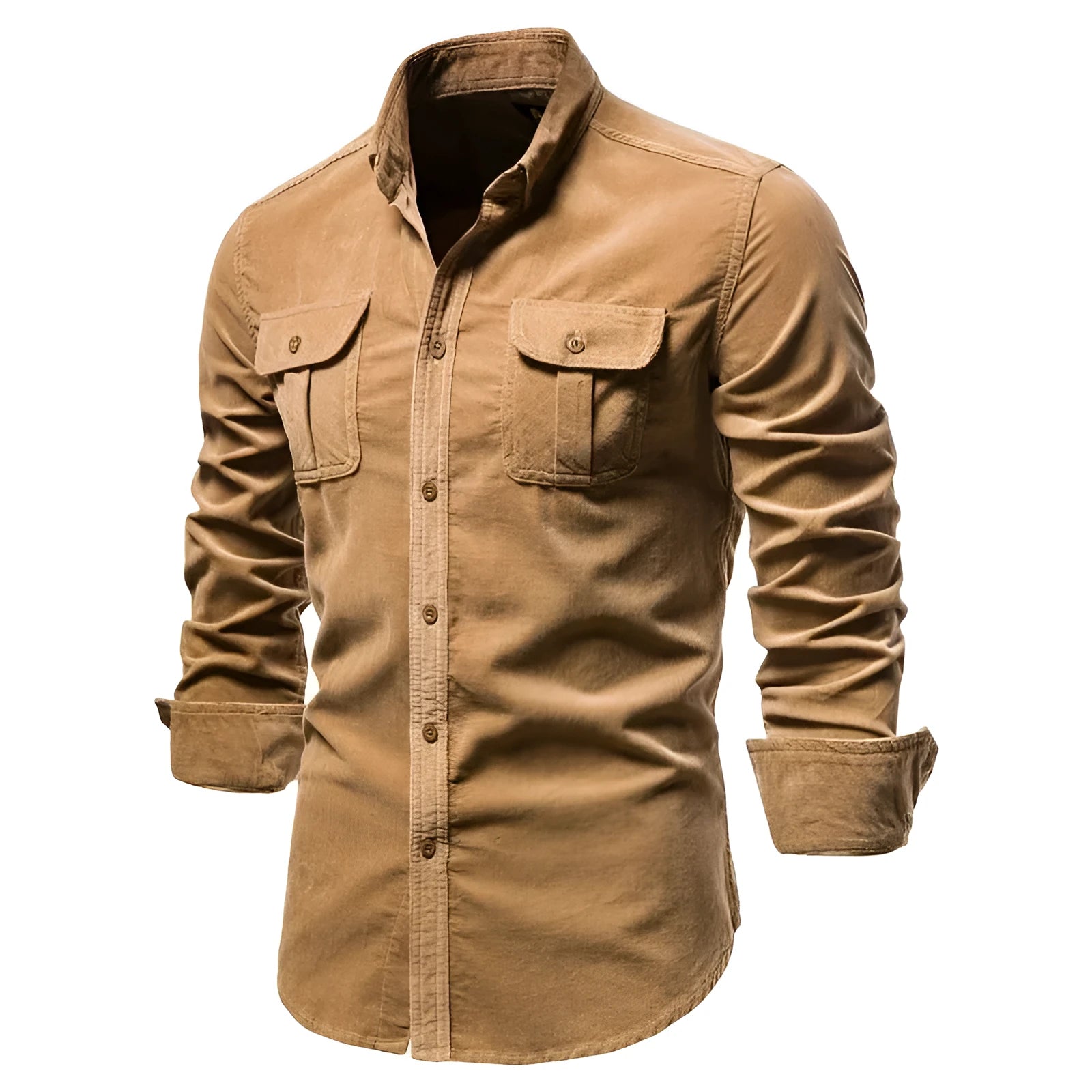 Men's long sleeve linen button-up shirt shown in Denim Blue, available in multiple colours and sizes.