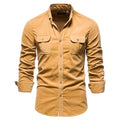 Men's long sleeve linen button-up shirt shown in Denim Blue, available in multiple colours and sizes.