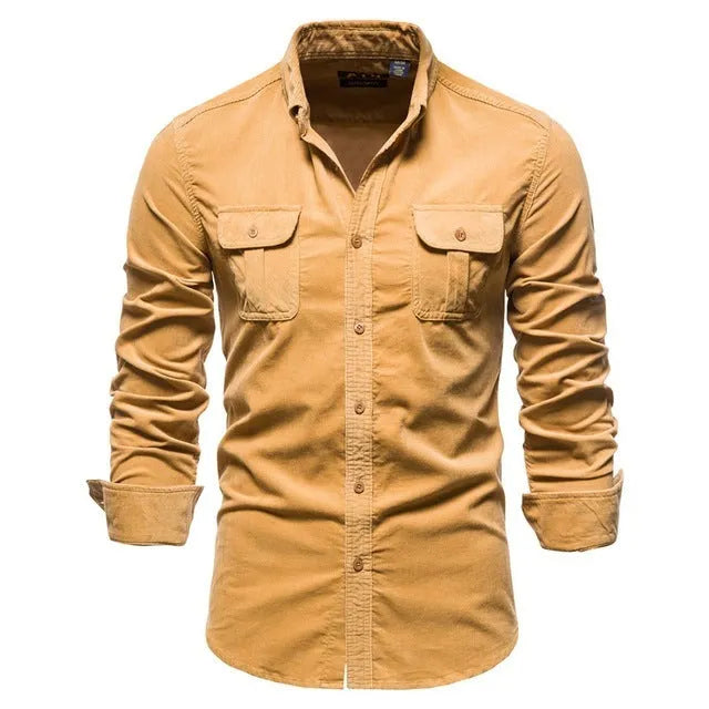 Men's long sleeve linen button-up shirt shown in Denim Blue, available in multiple colours and sizes.