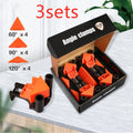 Four plastic 90 degree right angle woodworking clips for frame corner alignment