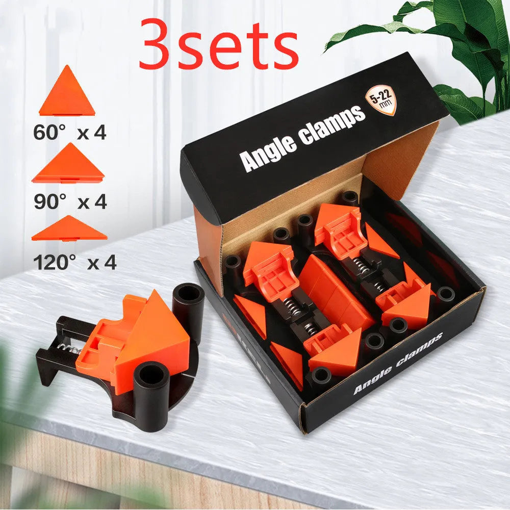 Four plastic 90 degree right angle woodworking clips for frame corner alignment