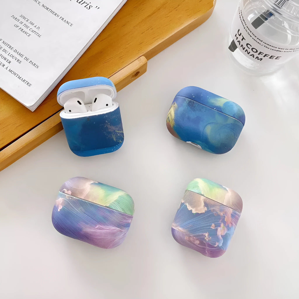 AirPods Pro hard shell protective sleeve with watercolour design in pink and blue colour options