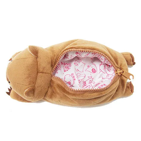 Soft brown plush pencil case with cartoon wombat design and a black zip.