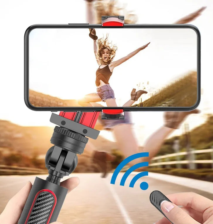 Black aluminium smartphone video stabiliser tripod extended to 716mm with phone clamp set at 90mm width