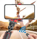 Black aluminium smartphone video stabiliser tripod extended to 716mm with phone clamp set at 90mm width