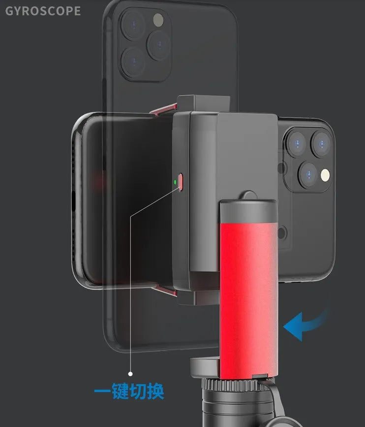 Black aluminium smartphone video stabiliser tripod extended to 716mm with phone clamp set at 90mm width