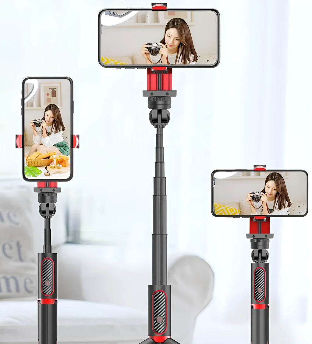 Black aluminium smartphone video stabiliser tripod extended to 716mm with phone clamp set at 90mm width