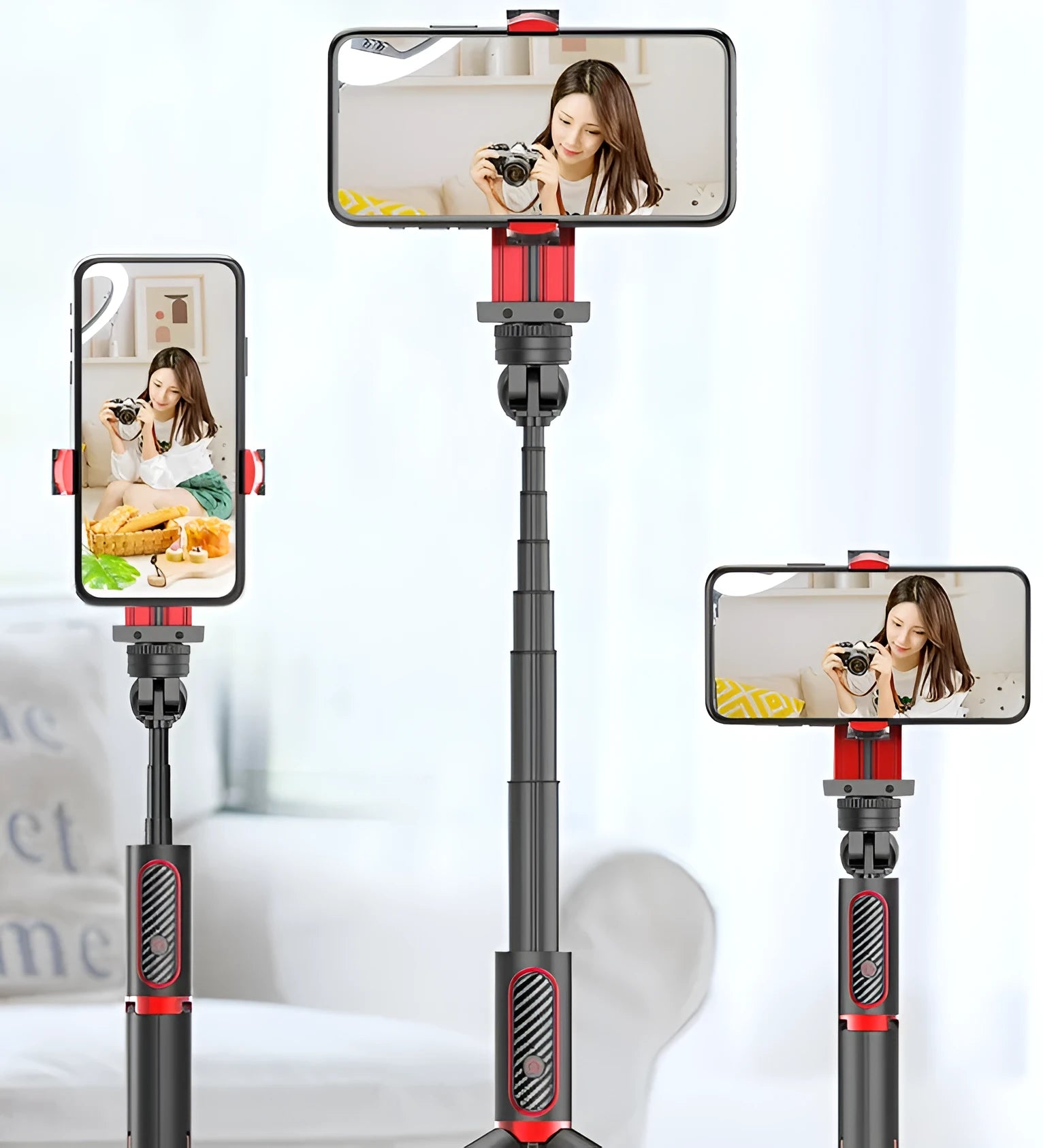 Black aluminium smartphone video stabiliser tripod extended to 716mm with phone clamp set at 90mm width