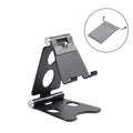 Folding metal desktop phone stand in rose gold colour holding a mobile phone