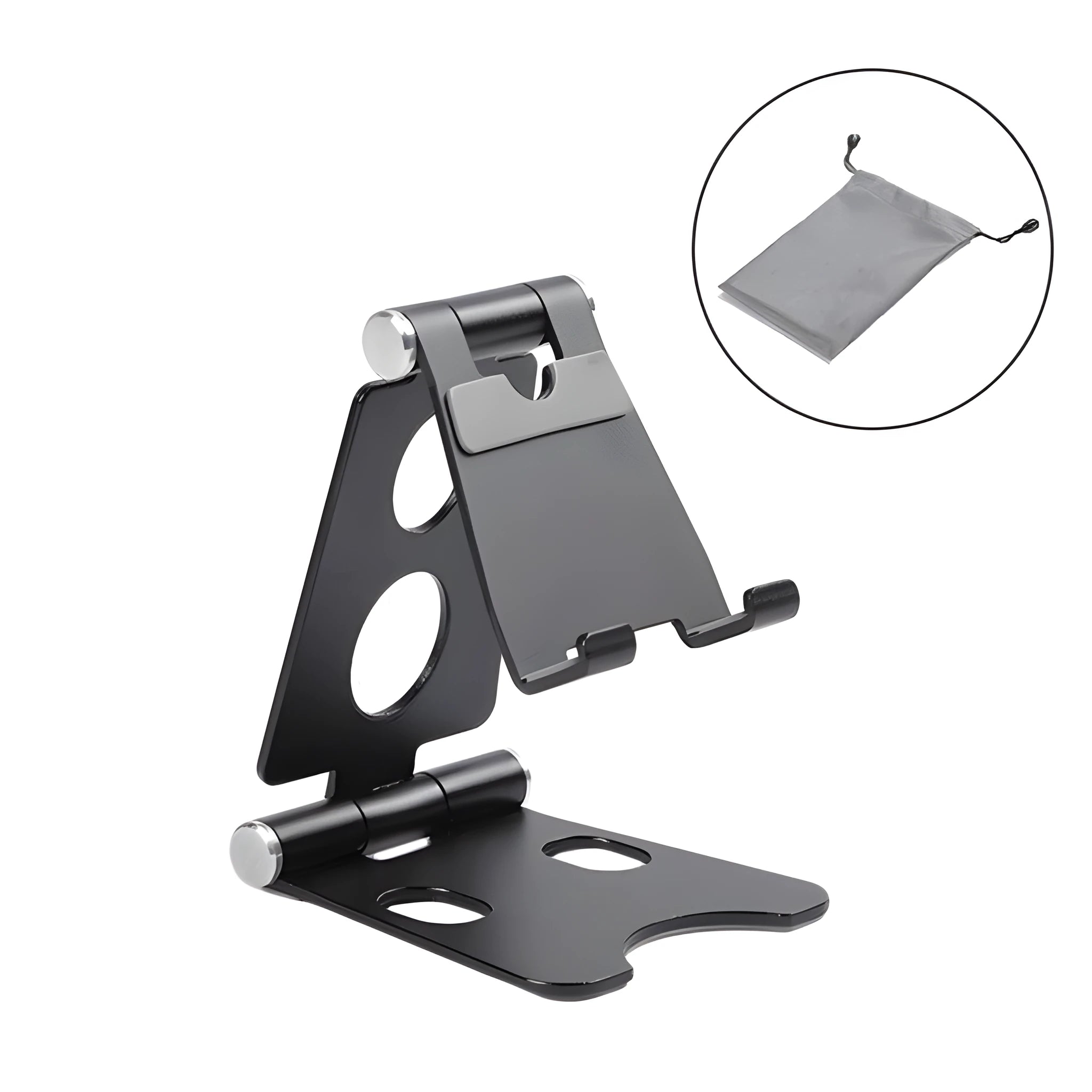 Folding metal desktop phone stand in rose gold colour holding a mobile phone