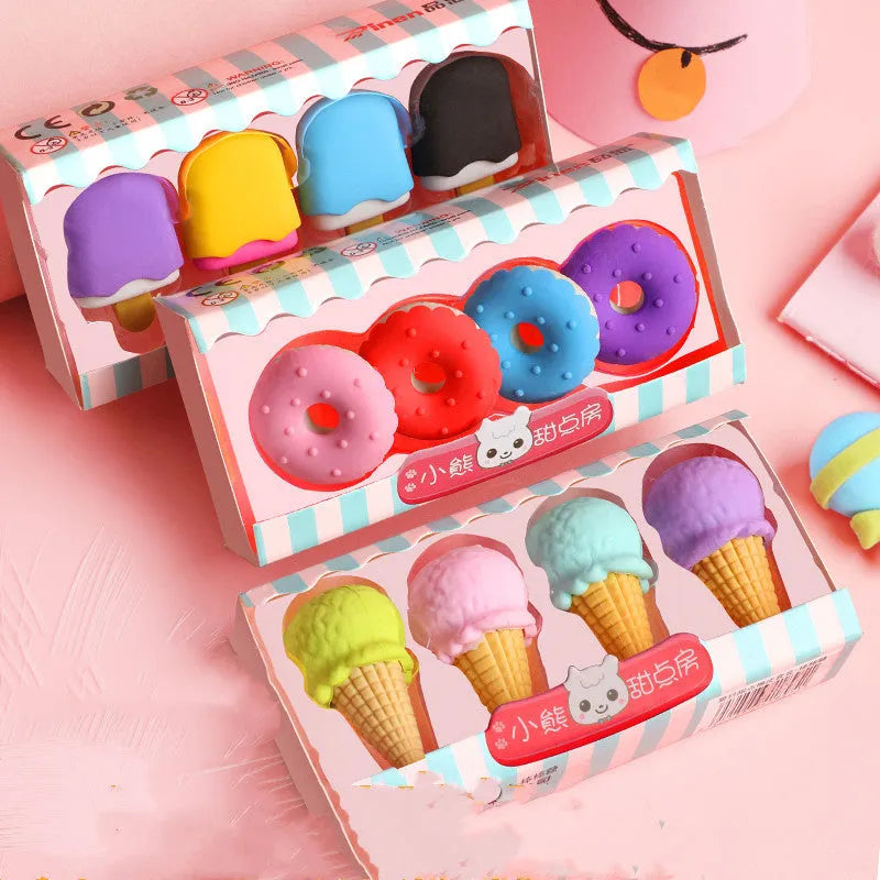 Set of 12 colourful cartoon erasers shaped like ice cream, doughnuts, and lollipops.