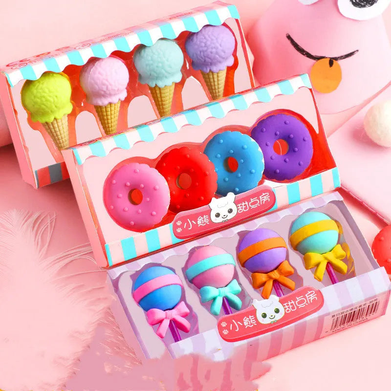 Set of 12 colourful cartoon erasers shaped like ice cream, doughnuts, and lollipops.