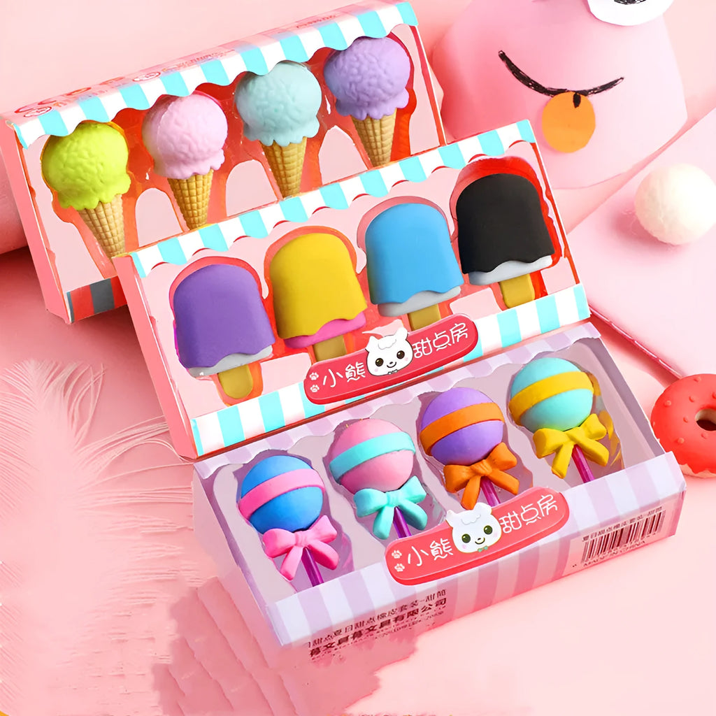 Set of 12 colourful cartoon erasers shaped like ice cream, doughnuts, and lollipops.