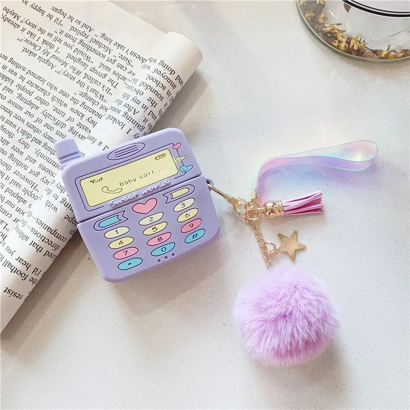 Purple silicone protective case for Apple AirPods with attached white fur ball pendant