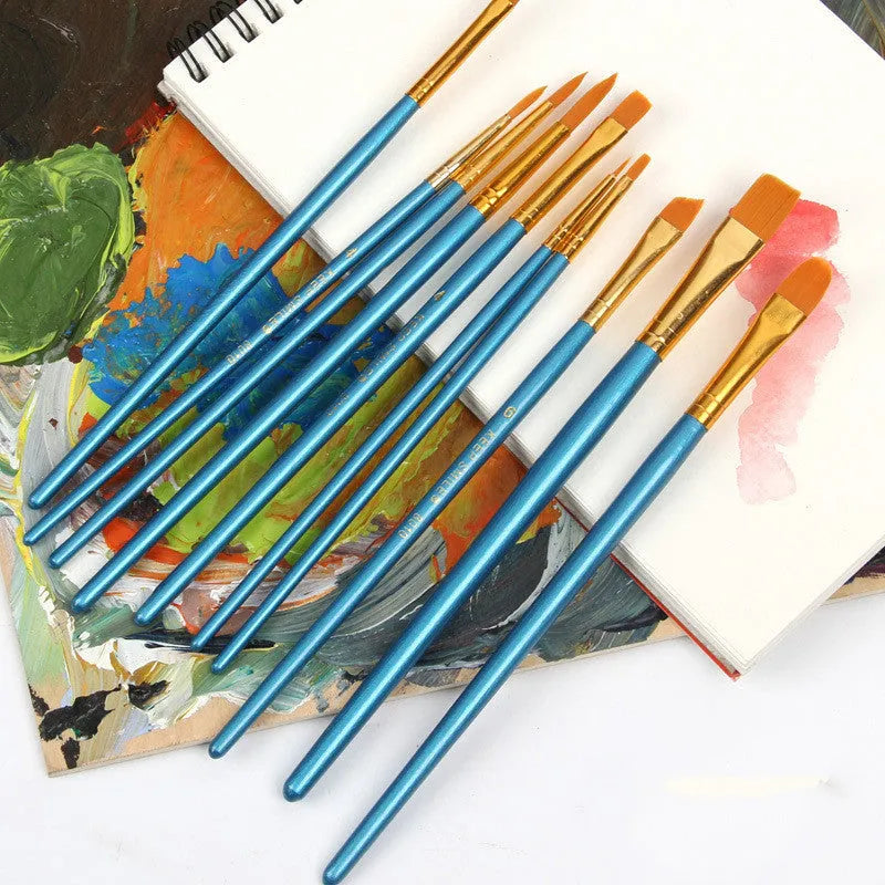 Set of 10 blue wooden gouache brushes with round heads for watercolour and oil painting