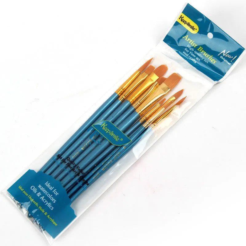 Set of 10 blue wooden gouache brushes with round heads for watercolour and oil painting