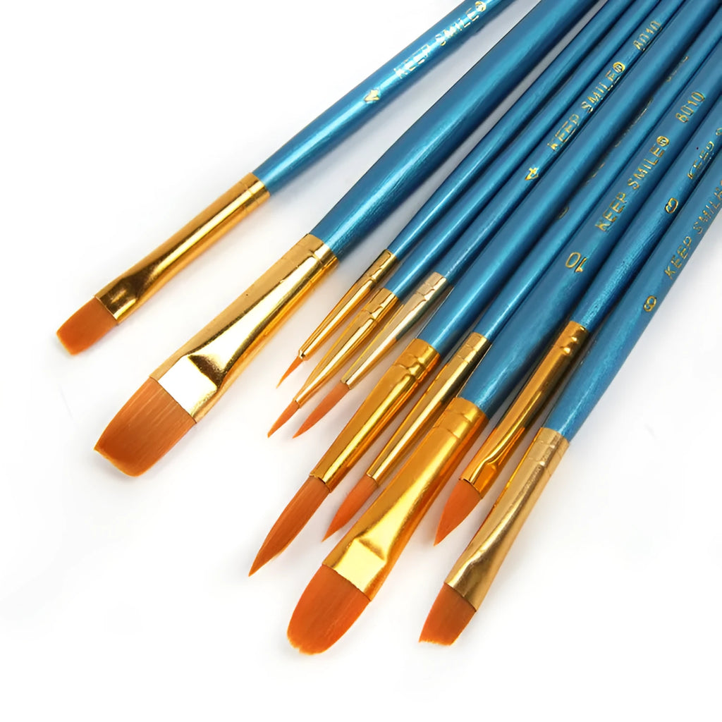 Set of 10 blue wooden gouache brushes with round heads for watercolour and oil painting