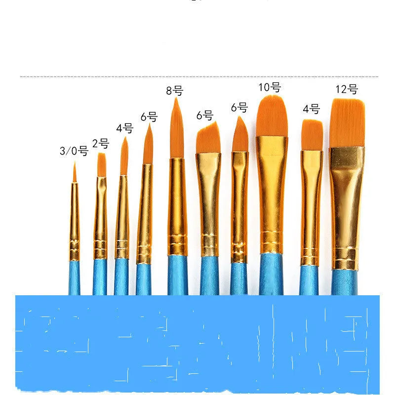 Set of 10 blue wooden gouache brushes with round heads for watercolour and oil painting