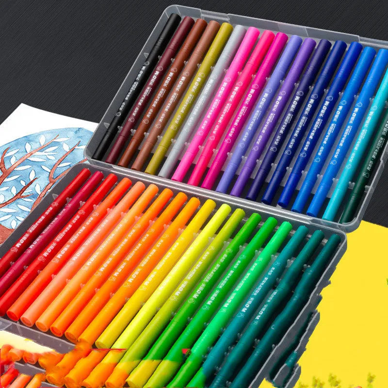 Set of double-headed watercolour pens with soft brush and fine tips, a drawing book, and a hook line pen.