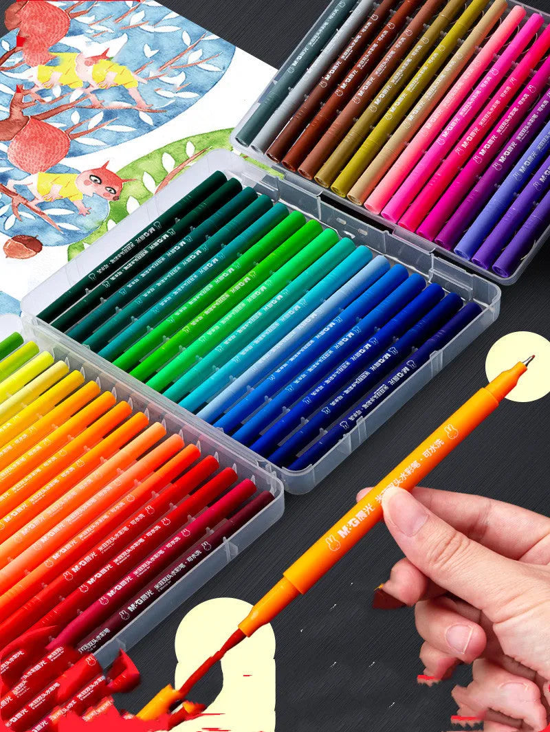 Set of double-headed watercolour pens with soft brush and fine tips, a drawing book, and a hook line pen.
